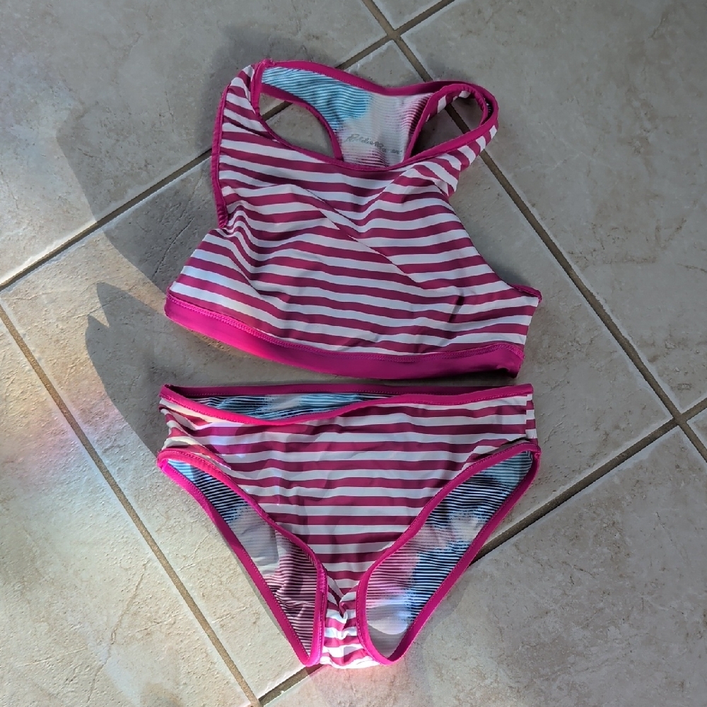 Eddie Bauer Pink and White Striped Girls' Two-Piece Swim Set Reversible Size 10